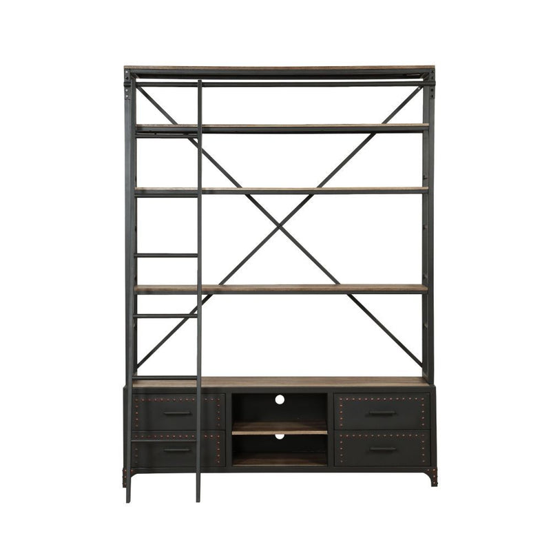 Depict the gentle flow of industrial modern decor with the Actaki bookshelf and ladder set. Industrial modern shelving unit with 4 drawers with Nailhead trim and 2 open shelves provide a unique storage and display to you room. Some assembly required.