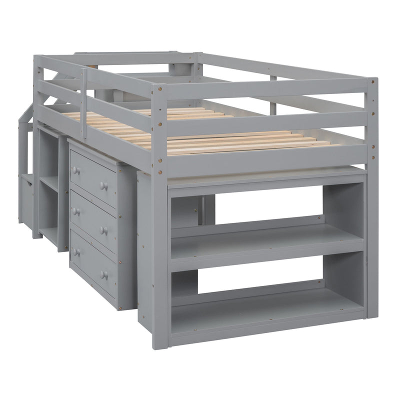 Twin Size Loft Bed With Retractable Writing Desk And 3 Drawers, Wooden Loft Bed With Storage Stairs And Shelves, Gray