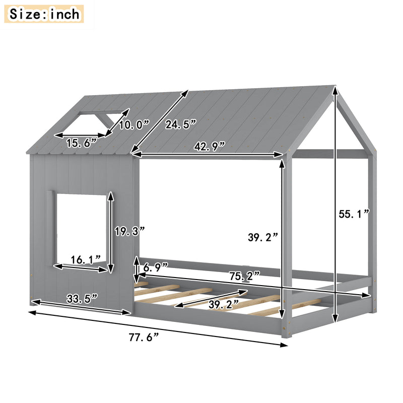 Twin Size House Bed With Roof And Window - Gray
