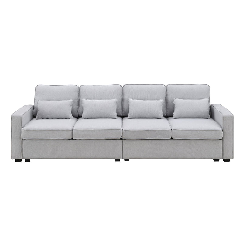 104" 4-Seater Modern Linen Fabric Sofa With Armrest Pockets And 4 Pillows, Minimalist Style Couch For Living Room, Apartment