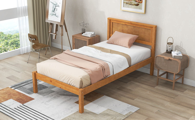 Platform Bed Frame With Headboard, Wood Slat Support, No Box Spring Needed, Twin, Oak
