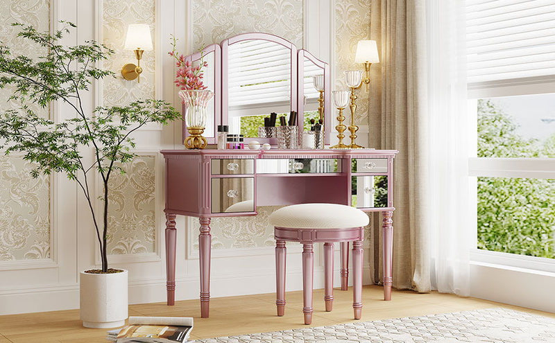Go 43" Dressing Table Set With Mirrored Drawers And Stool, Tri-Fold Mirror, Makeup Vanity Set For Bedroom, Rose Gold