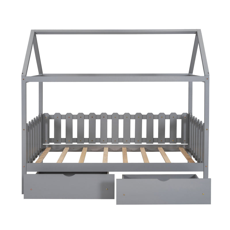 Twin Size House Bed With Drawers, Fence Shaped Guardrail, Gray