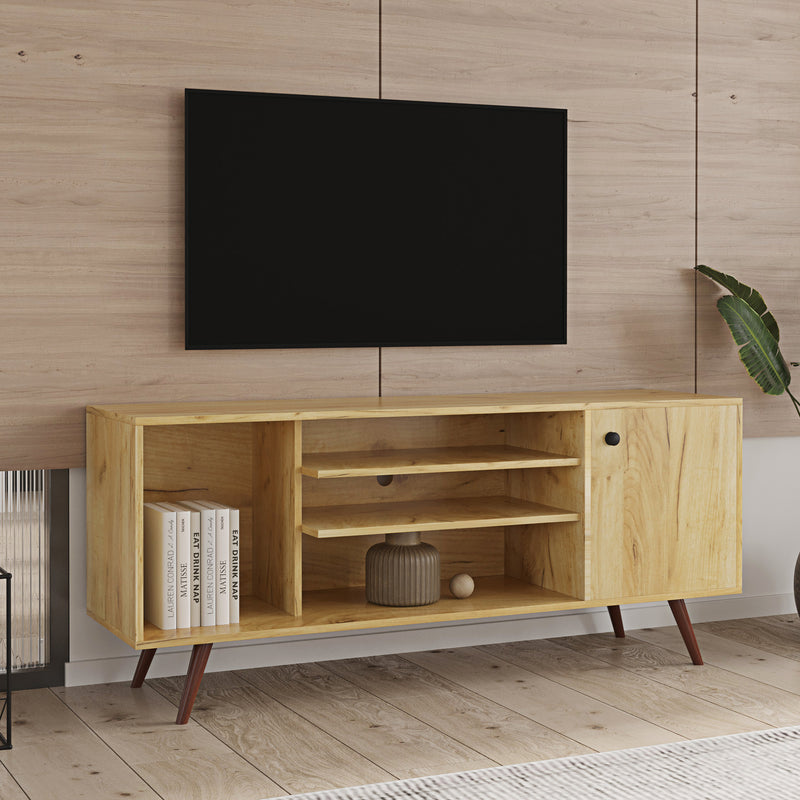 Mid-Century TV Stand for TVs up to 60 Inches, Entertainment Center with Open Storage Shelves & Cabinet, Modern TV Console for Living Room, Rustic Oak.