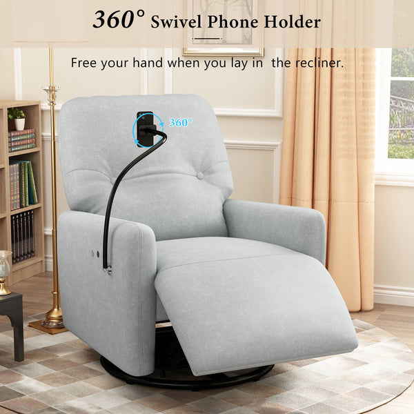 270 Degree Swivel Electric Recliner Home Theater Seating Single Reclining Sofa Rocking Motion Recliner With A Phone Holder For Living Room, Grey