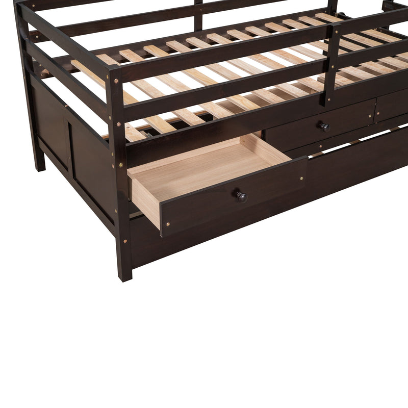 Low Loft Bed Twin Size With Full Safety Fence, Climbing Ladder, Storage Drawers And Trundle Espresso Solid Wood Bed