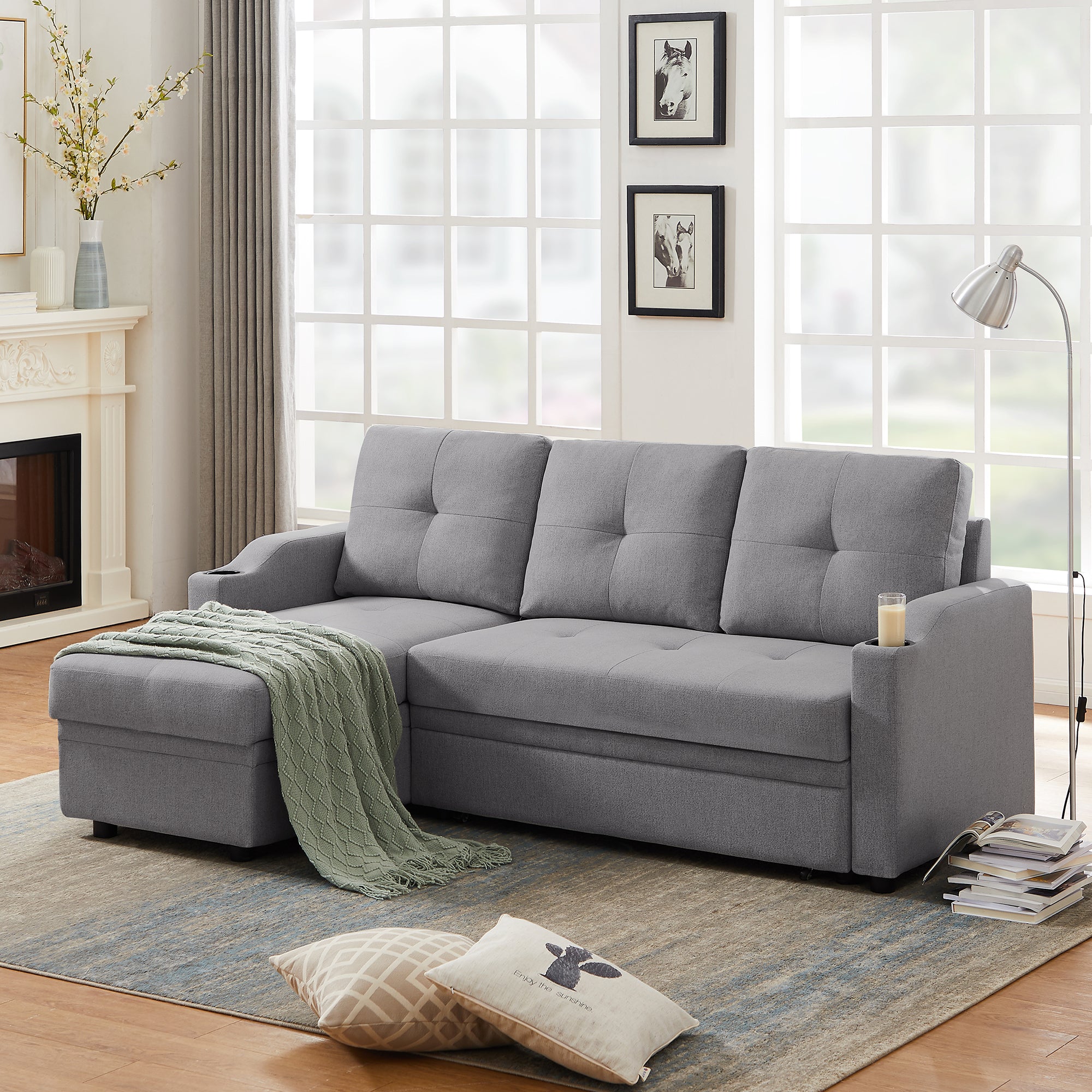 Orisfur. 81" Sleeper Sofa Bed Reversible Sectional Couch with Storage Chaise and Two Cup Holders for Living Room Furniture Set - Atlantic Fine Furniture Inc