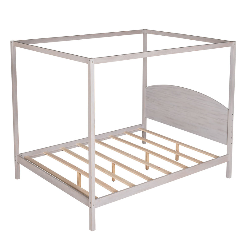 Queen Size Canopy Platform Bed With Headboard And Support Legs, Grey Wash