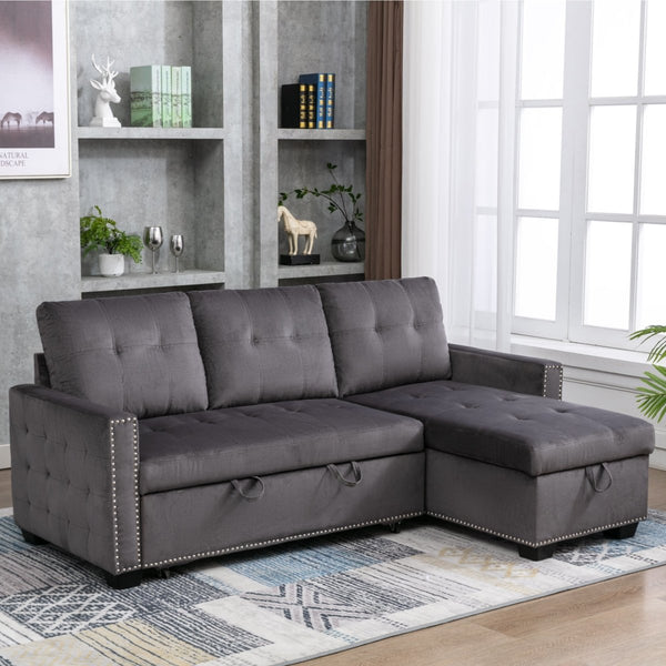 77 Inch Reversible Sectional Storage Sleeper Sofa Bed , L-Shape 2 Seat Sectional Chaise With Storage , Skin-Feeling Velvet Fabric ,Dark Grey Color For Living Room Furniture - Atlantic Fine Furniture Inc