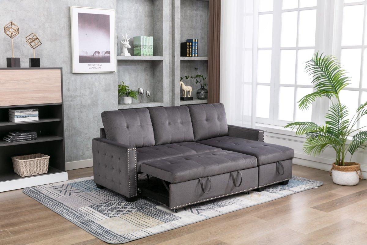77 Inch Reversible Sectional Storage Sleeper Sofa Bed , L-Shape 2 Seat Sectional Chaise With Storage , Skin-Feeling Velvet Fabric ,Dark Grey Color For Living Room Furniture - Atlantic Fine Furniture Inc
