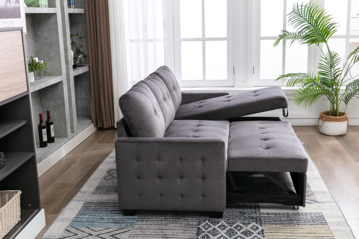 77 Inch Reversible Sectional Storage Sleeper Sofa Bed , L-Shape 2 Seat Sectional Chaise With Storage , Skin-Feeling Velvet Fabric ,Dark Grey Color For Living Room Furniture - Atlantic Fine Furniture Inc