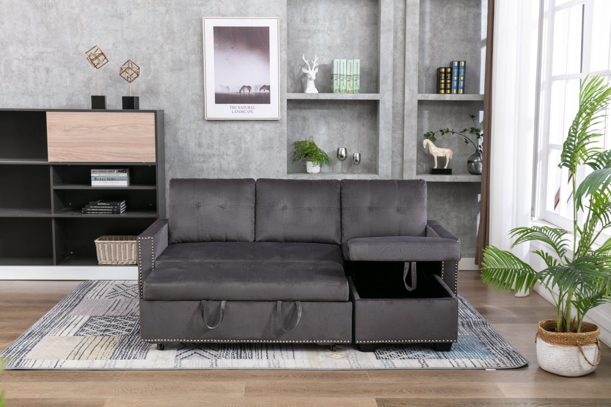 77 Inch Reversible Sectional Storage Sleeper Sofa Bed , L-Shape 2 Seat Sectional Chaise With Storage , Skin-Feeling Velvet Fabric ,Dark Grey Color For Living Room Furniture - Atlantic Fine Furniture Inc
