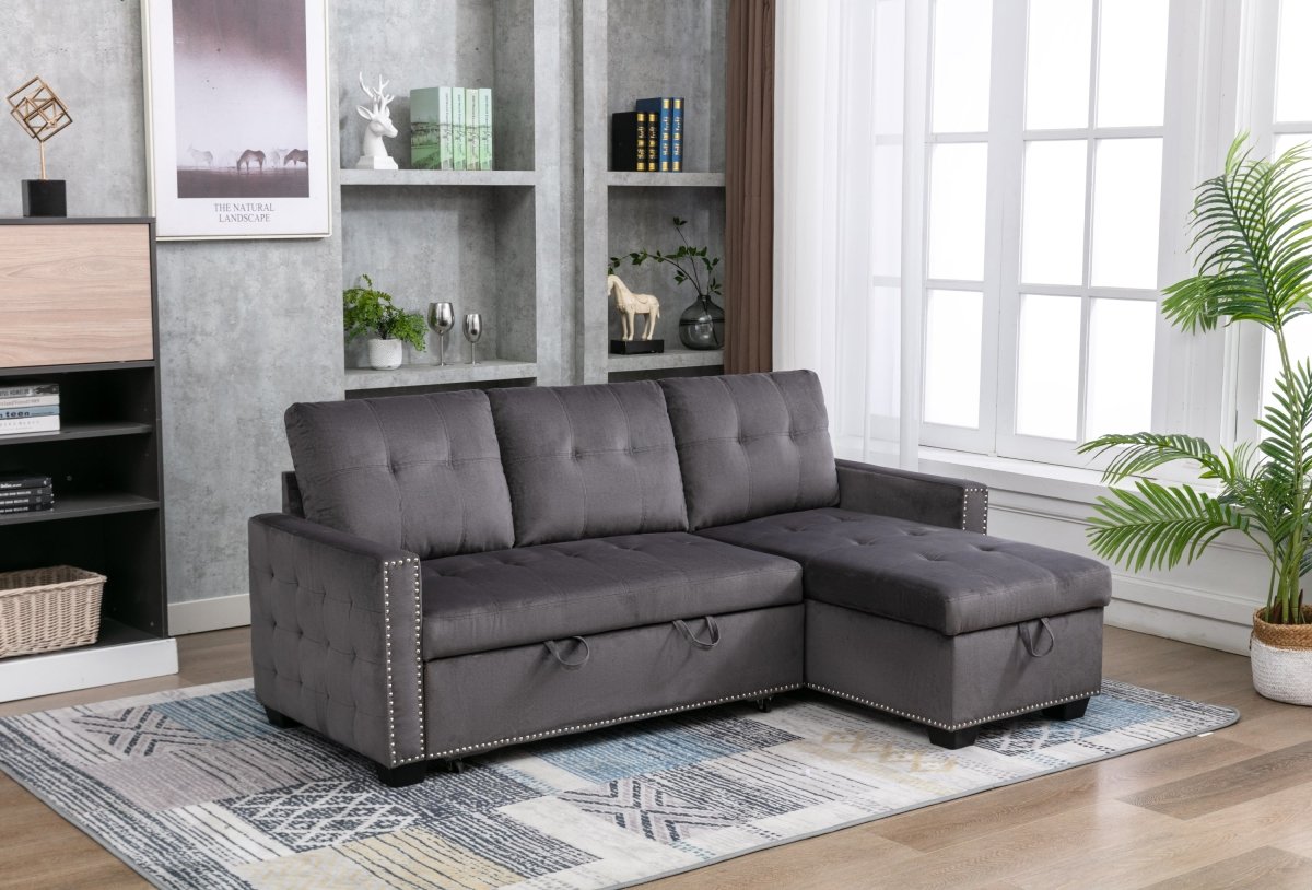 77 Inch Reversible Sectional Storage Sleeper Sofa Bed , L-Shape 2 Seat Sectional Chaise With Storage , Skin-Feeling Velvet Fabric ,Dark Grey Color For Living Room Furniture - Atlantic Fine Furniture Inc