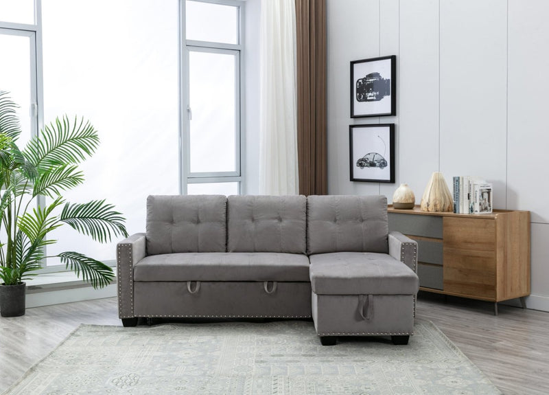 77 Inch Reversible Sectional Storage Sleeper Sofa Bed , L-Shape 2 Seat Sectional Chaise With Storage , Skin-Feeling Velvet Fabric ,Light Grey Color For Living Room Furniture - Atlantic Fine Furniture Inc