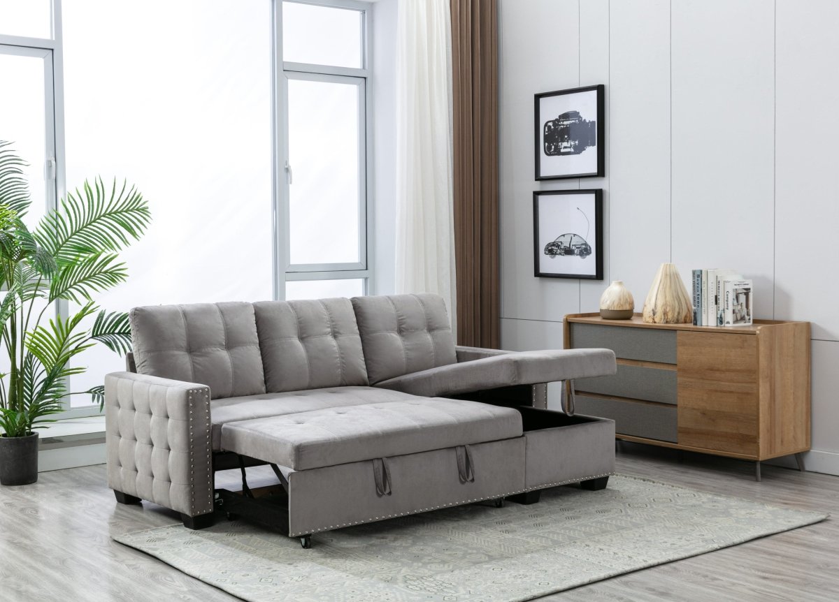 77 Inch Reversible Sectional Storage Sleeper Sofa Bed , L-Shape 2 Seat Sectional Chaise With Storage , Skin-Feeling Velvet Fabric ,Light Grey Color For Living Room Furniture - Atlantic Fine Furniture Inc