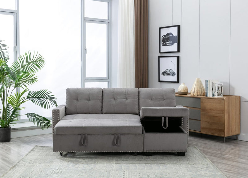77 Inch Reversible Sectional Storage Sleeper Sofa Bed , L-Shape 2 Seat Sectional Chaise With Storage , Skin-Feeling Velvet Fabric ,Light Grey Color For Living Room Furniture - Atlantic Fine Furniture Inc