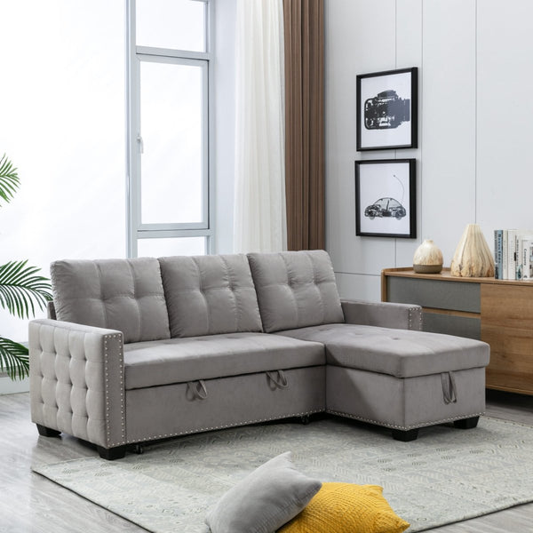 77 Inch Reversible Sectional Storage Sleeper Sofa Bed , L-Shape 2 Seat Sectional Chaise With Storage , Skin-Feeling Velvet Fabric ,Light Grey Color For Living Room Furniture - Atlantic Fine Furniture Inc