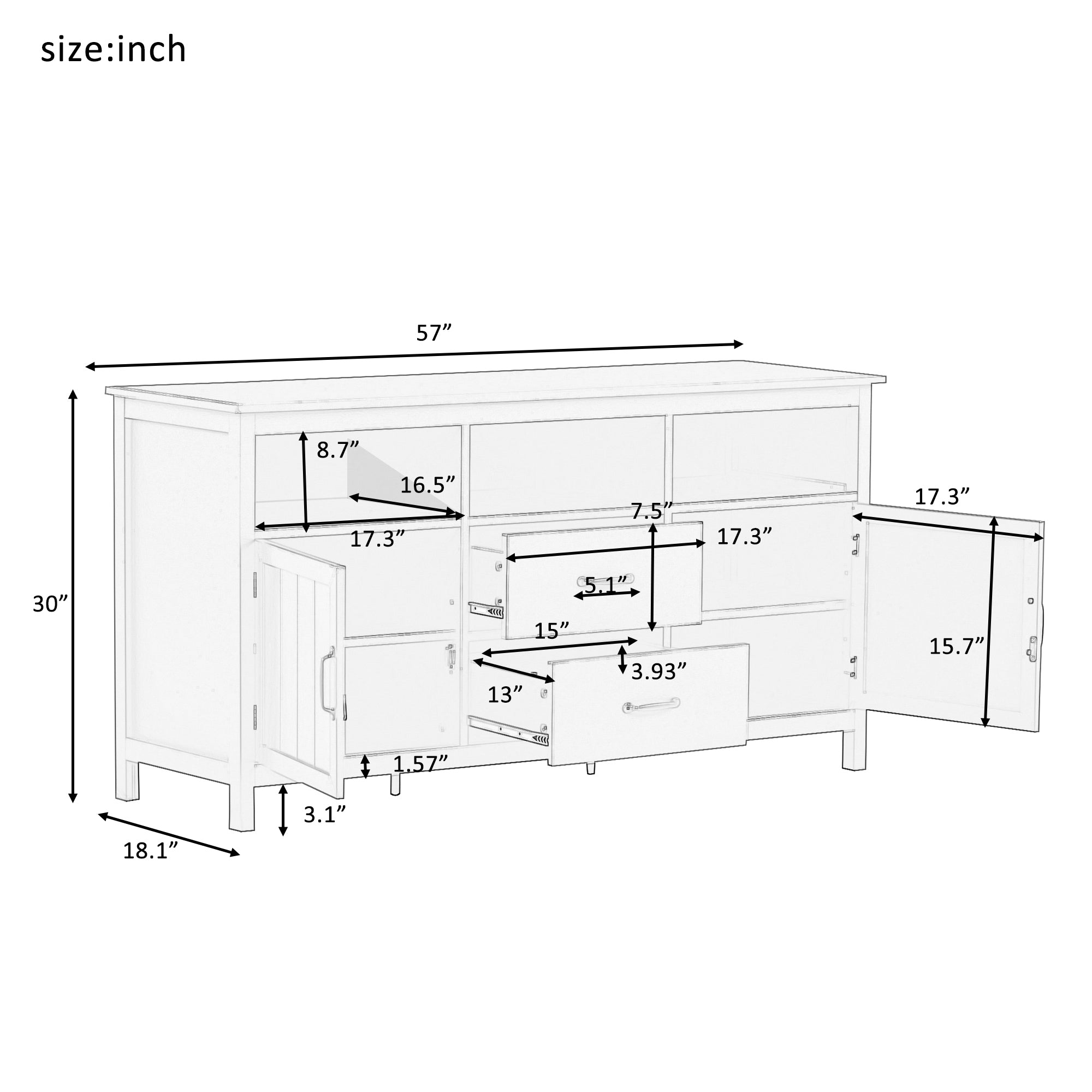 U-Can TV Stand for TV up to 68 in with 2 Doors and 2 Drawers Open Style Cabinet, Sideboard for Living room, Navy - Atlantic Fine Furniture Inc
