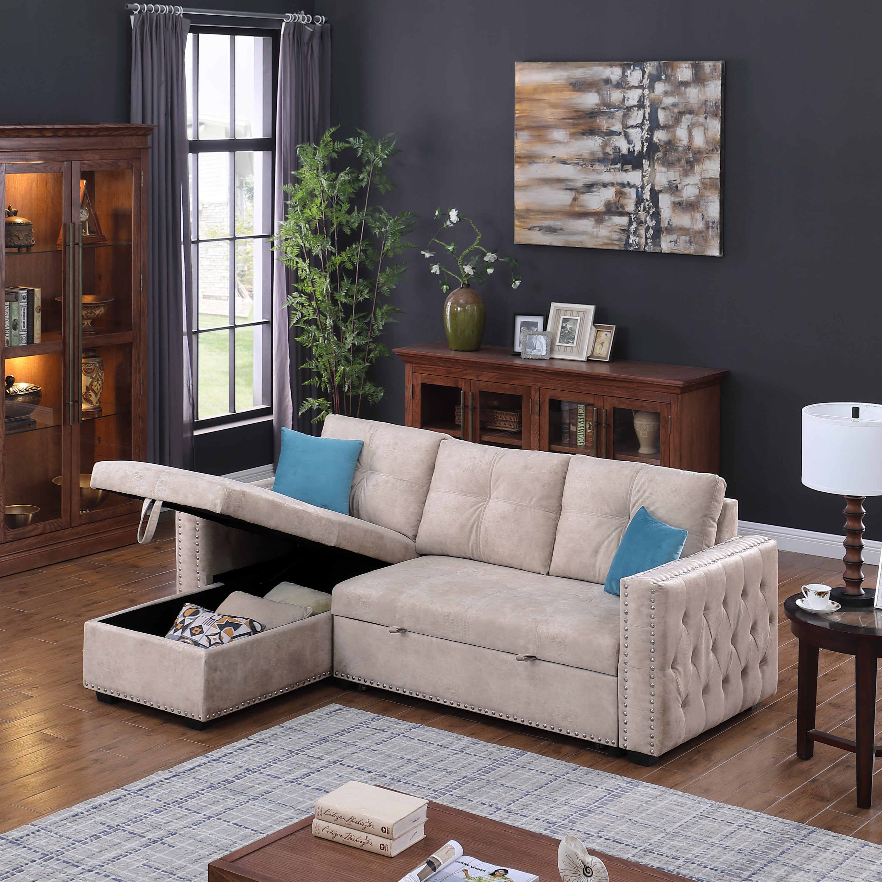 Reversible Sleeper Sectional Storage Sofa Bed,Corner Sofa-Bed With Storage,3 Seat Both Left Handed And Right Handed, Nailheaded - Atlantic Fine Furniture Inc