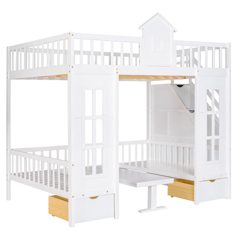 Full-Over-Full Bunk Bed With Changeable Table, Bunk Bed Turn Into Upper Bed And Down Desk - White