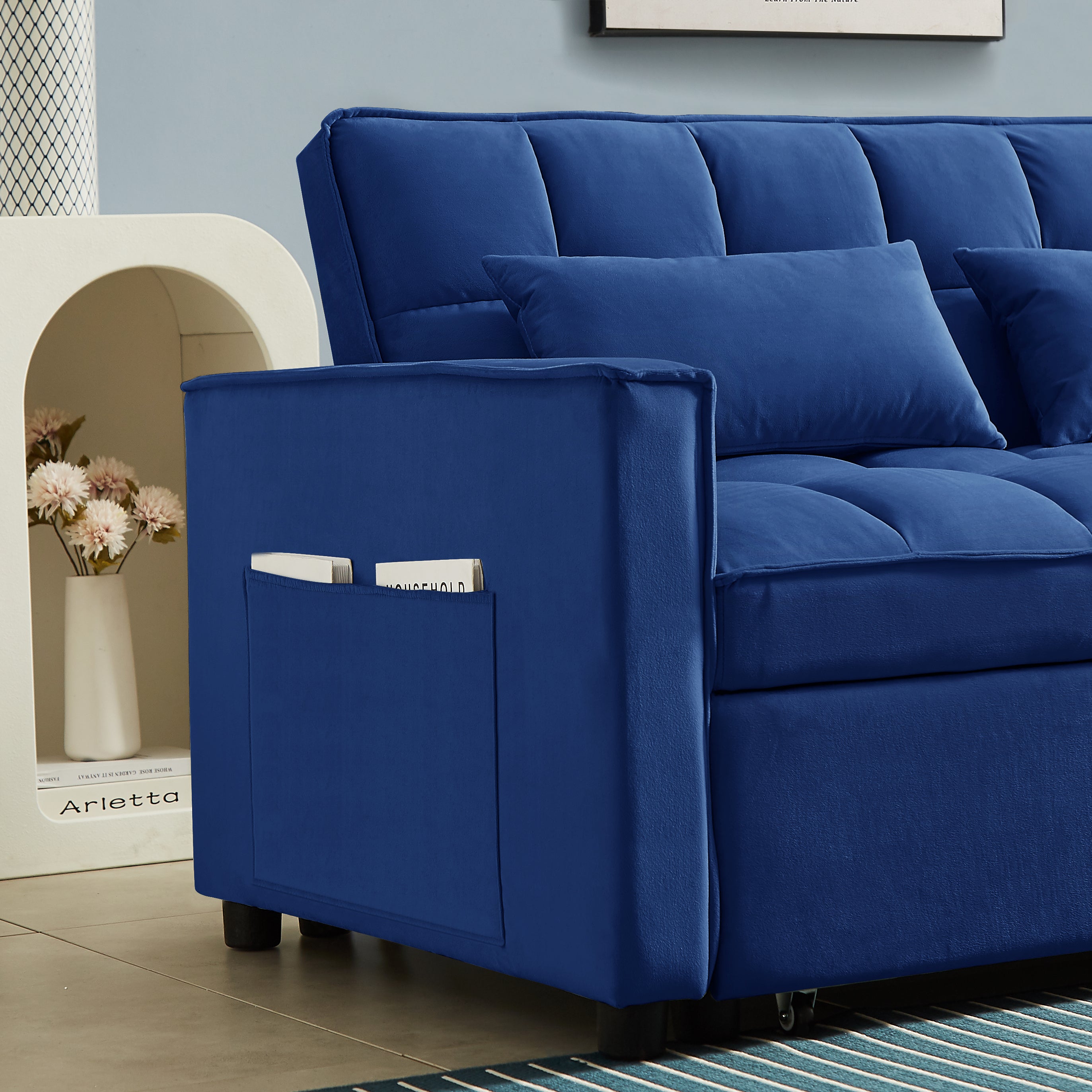 Modern Velvet Convertible Loveseat Sleeper Sofa Couch with Adjustable Backrest, 2 Seater Sofa With Pull-Out Bed with 2 Lumbar Pillows For Small Living Room & Apartment - Atlantic Fine Furniture Inc