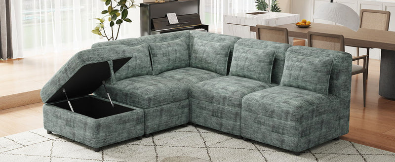 Free-Combined Sectional Sofa 5-Seater Modular Couches With Storage Ottoman, 5 Pillows For Living Room, Bedroom, Office, Blue Green