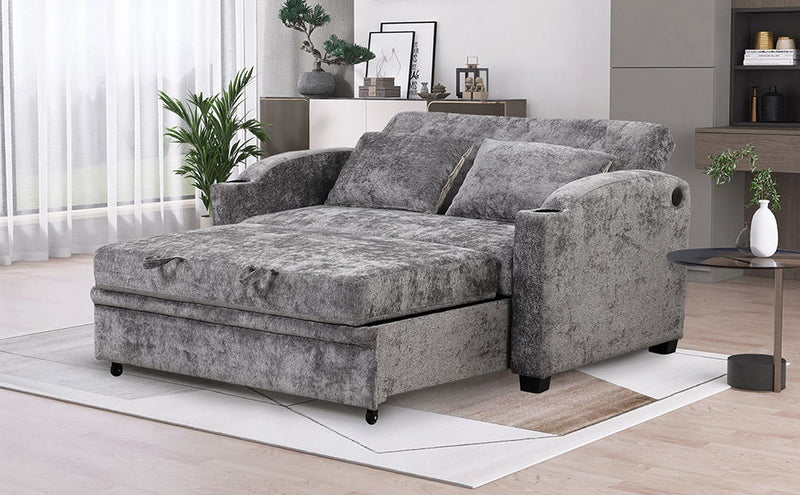 65" Pull Out Sofa Bed Modern Chenille Convertible Loveseat Sofa With Adjsutable Backrest, 2 Pillows, Cup Holders, Usb Ports For Living Room, Apartment, Gray