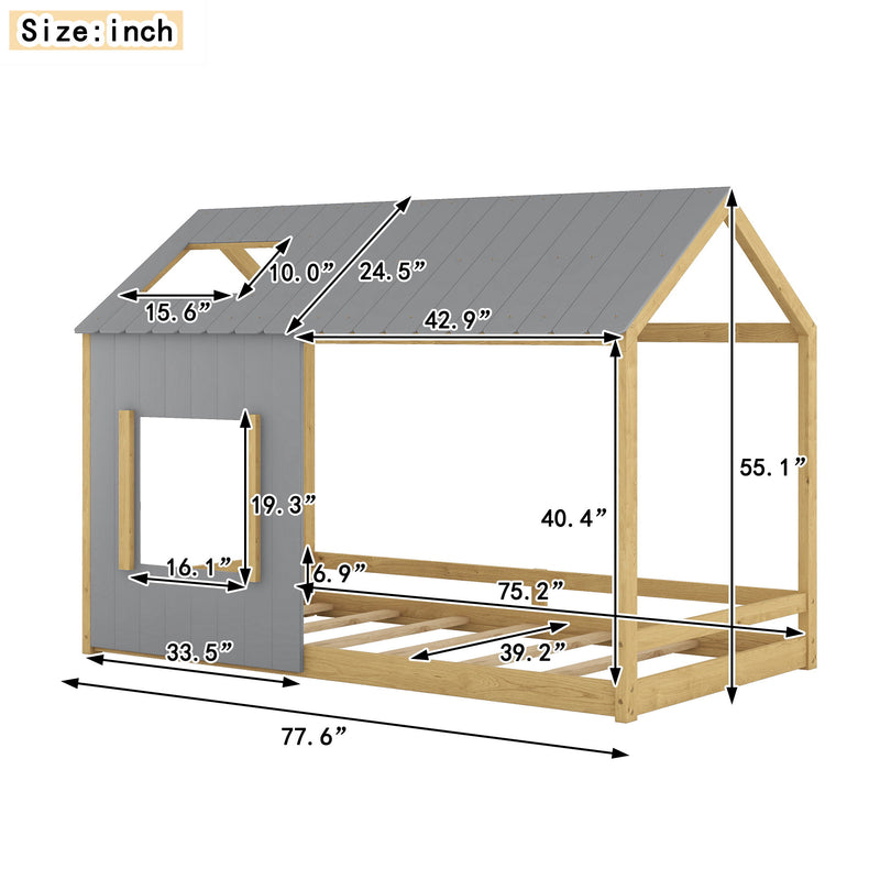 Twin Size House Bed With Roof And Window - Gray / Natural