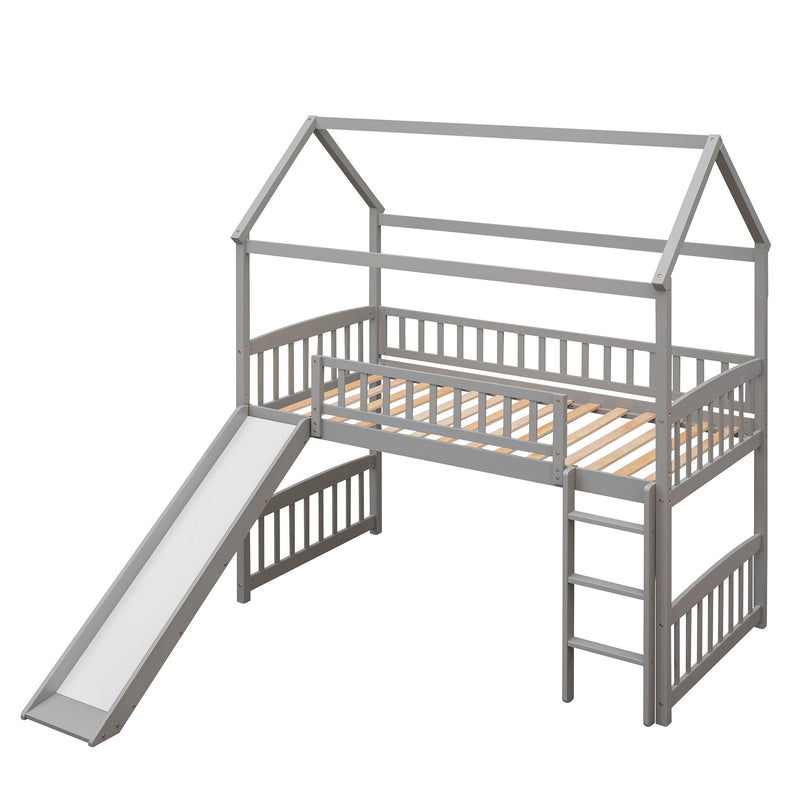Twin Loft Bed With Slide, House Bed With Slide, White - Gray