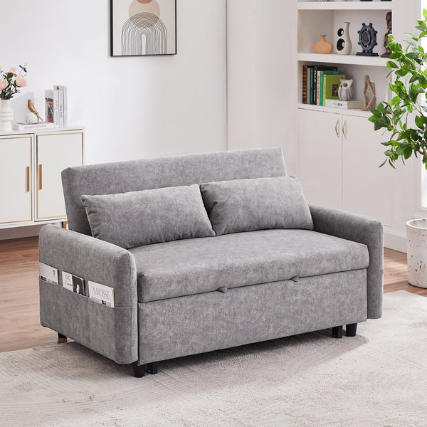 Pull Out Sleep Sofa Bed Loveseats Sofa Couch With Adjsutable Backrest, Storage Pockets, 2 Soft Pillows, Usb Ports For Living Room, Bedroom, Apartment, Office, Grey