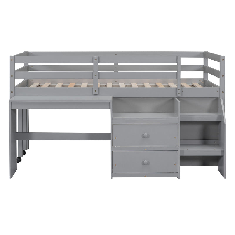 Twin Size Loft Bed With Desk And Drawers, Wooden Loft Bed With Lateral Portable Desk, Gray