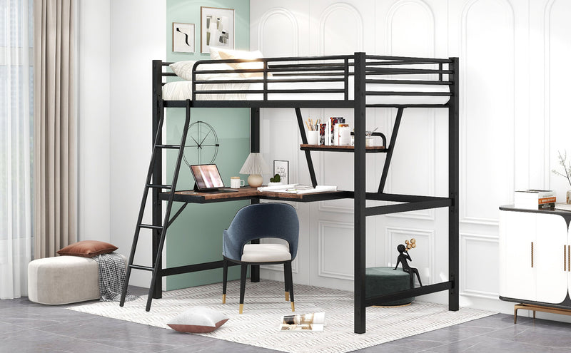 Twin Size Loft Metal & MDF Bed With Desk And Shelf, Black