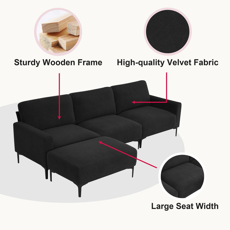 Modern L-Shaped Sectional Sofa, 4 - Seat Velvet Fabric Couch Set With Convertible Ottoman, Freely Combinable Sofa For Living Room, Apartment, Office, Apartment, 2 Colors