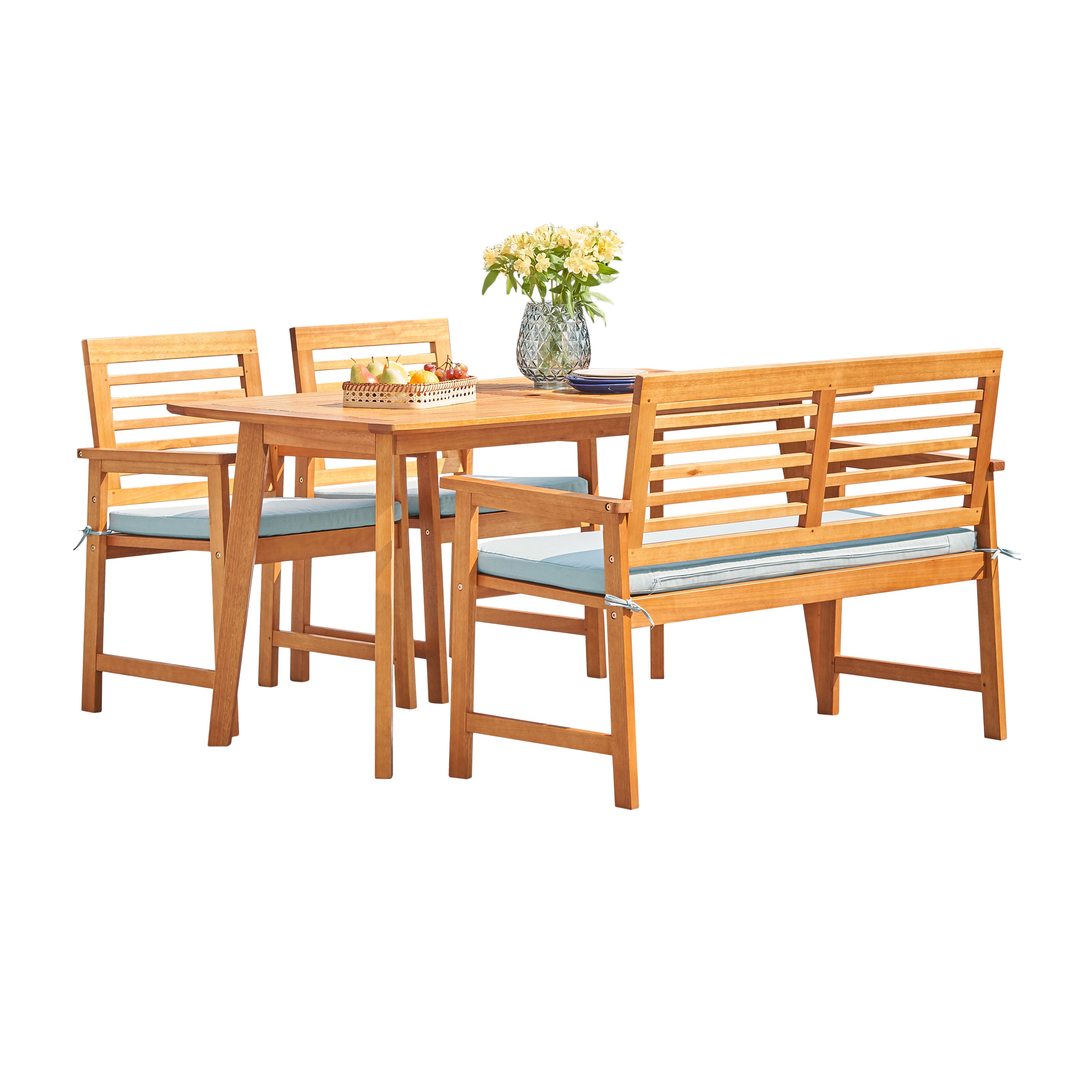 Waimea Honey 4-Piece Slatted Eucalyptus Wood Patio Dining Set with Bench and Cushion - Atlantic Fine Furniture Inc