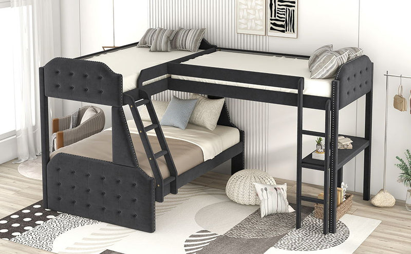 L-Shaped Twin Over Full Bunk Bed And Twin Sie Loft Bed With Desk, Black