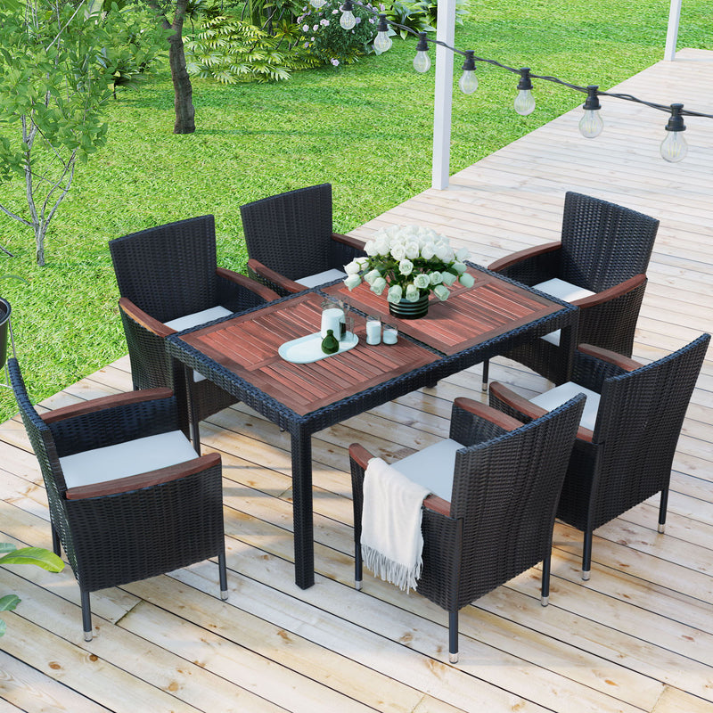 7 Piece Outdoor Patio Dining Set, Garden Pe Rattan Wicker Dining Table And Chairs Set, Acacia Wood TableTop , Stackable Armrest Chairs With Cushions, Reddish-Brown