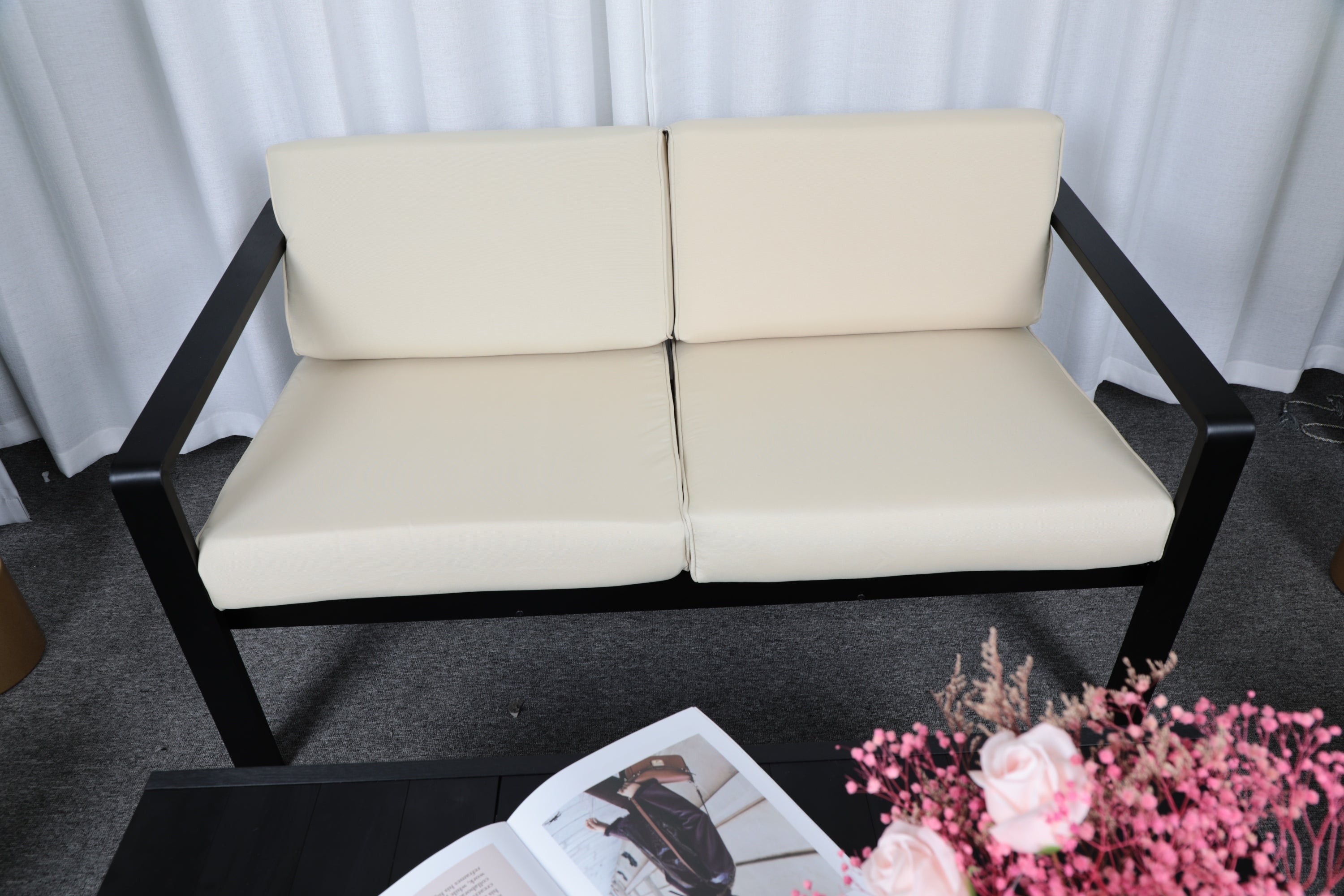 Outdoor Patio Furniture Double Armchair with Cushions in stripe for Restaurant Outdoor courtyard Garden Open-air balcony Poolside,Black aluminum fram,Modern Design - Atlantic Fine Furniture Inc