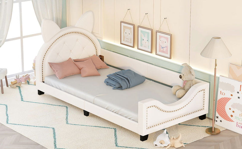 Twin Size Upholstered Daybed With Carton Ears Shaped Headboard - White