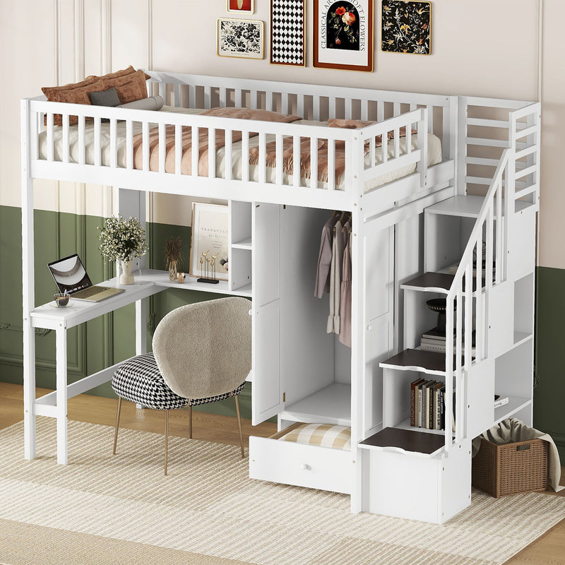 Twin Size Loft Bed With Bookshelf, Drawers, Desk And Wardrobe - White