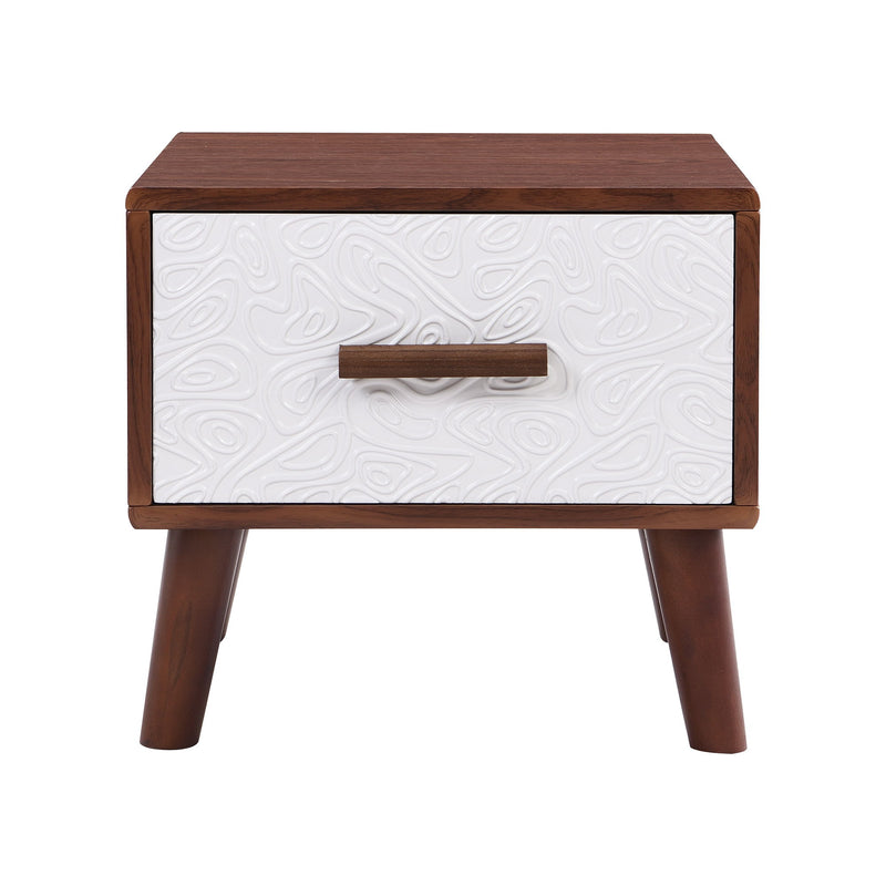 U-Can Square End Table With 1 Drawer Adorned With Embossed Patterns, Wood Legs And Handles For Living Room, Brown / White
