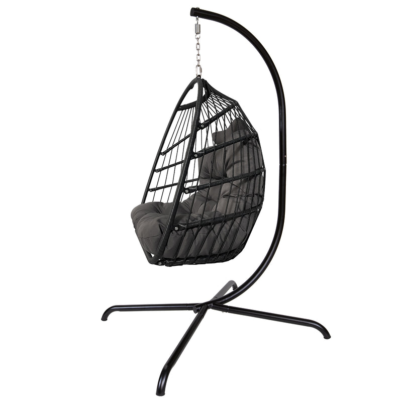 Swing Egg Chair with Stand Indoor Outdoor Wicker Rattan Patio Basket Hanging Chair with C Type bracket , with cushion and pillow,Patio Wicker folding Hanging Chair( Black New arrivals within 10 days) - Atlantic Fine Furniture Inc