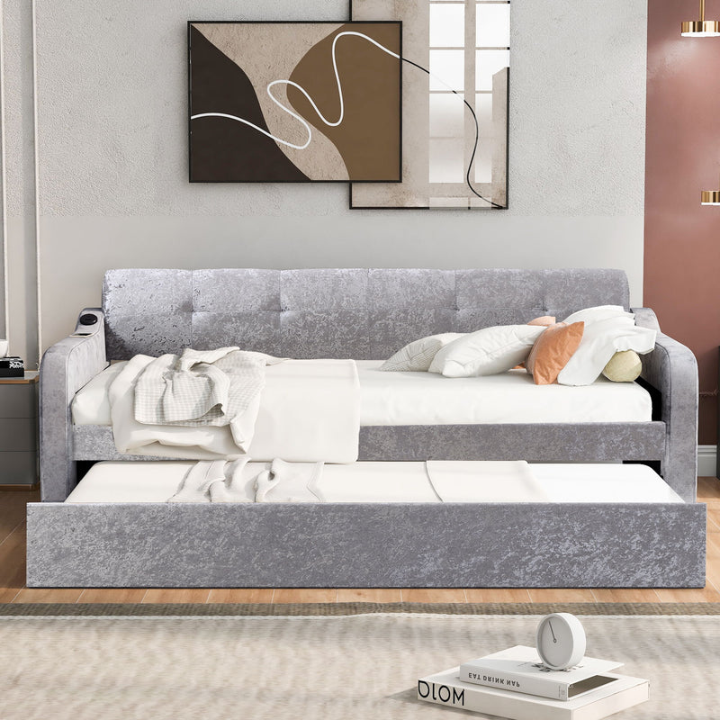 Twin Size Snowflake Velvet Daybed With Trundle And USB Charging Design, Gray