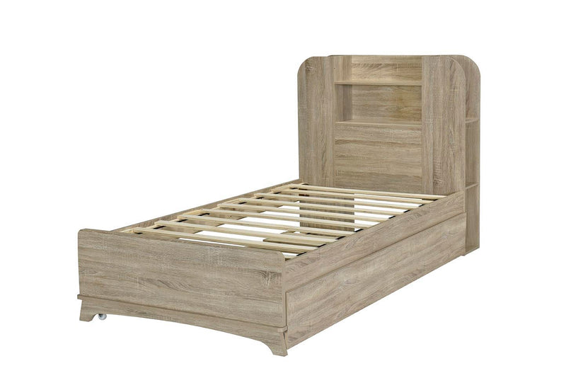 Twin Size Storage Platform Bed Frame With With Trundle And Light Strip Design In Headboard, Natural