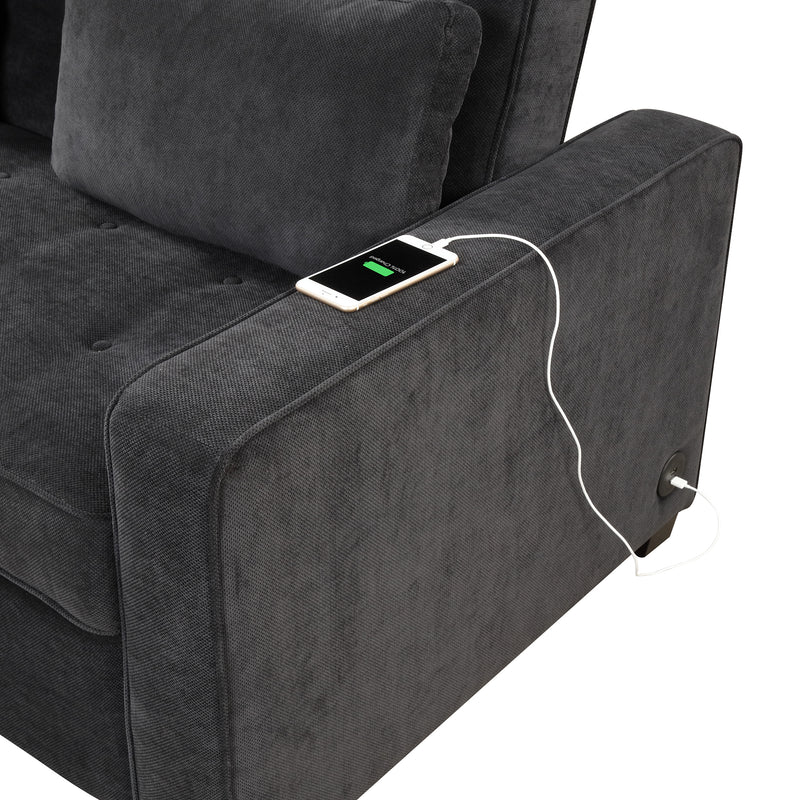 Linen Upholstered Sleeper Bed , Pull Out Sofa Bed Couch attached two throw pillows,Dual USB Charging Port and Adjustable Backrest for Living Room Space，Black
