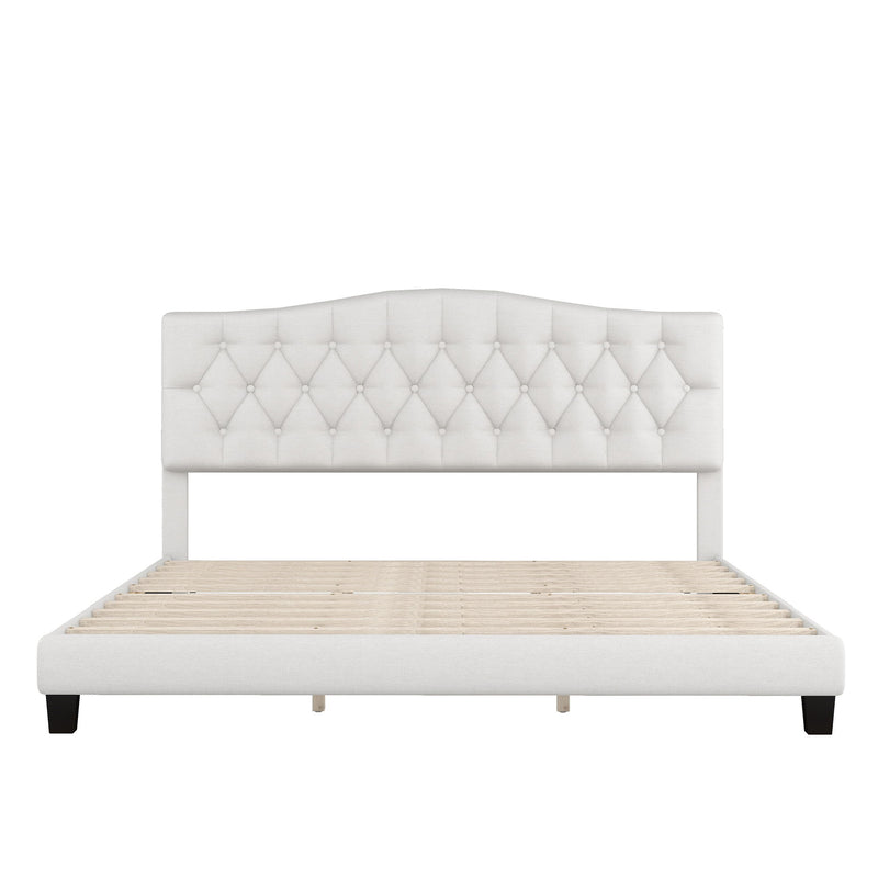 Upholstered Platform Bed With Saddle Curved Headboard And Diamond Tufted Details, King, Beige