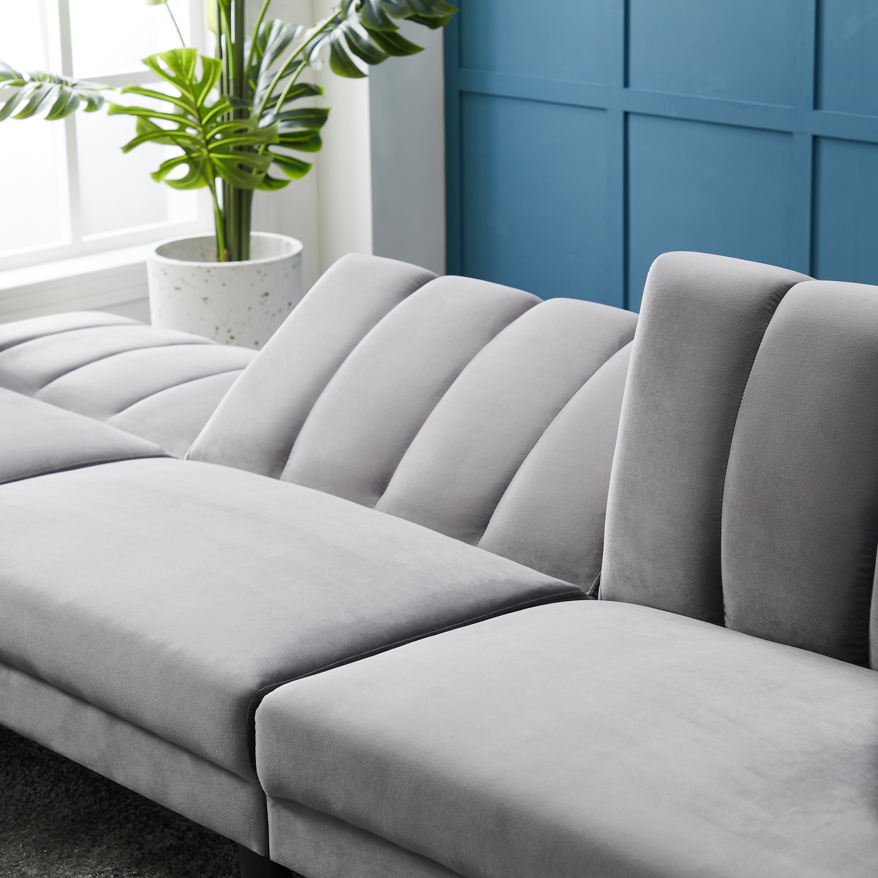 REVERSIBLE SECTIONAL SOFA SLEEPER WITH 2 PILLOWS DARK GREY VELVET（K223S00005） - Atlantic Fine Furniture Inc