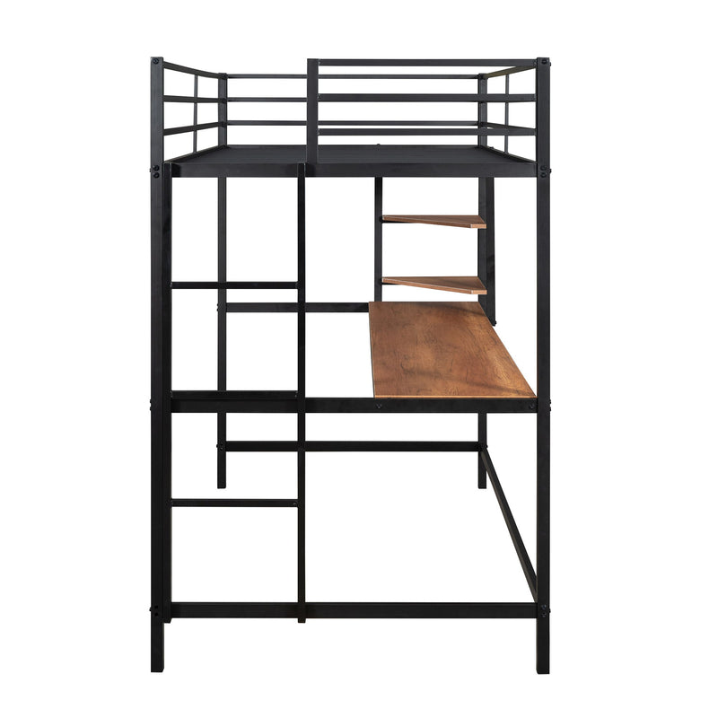 Twin Metal Loft Bed With Desk And Shelve, Black