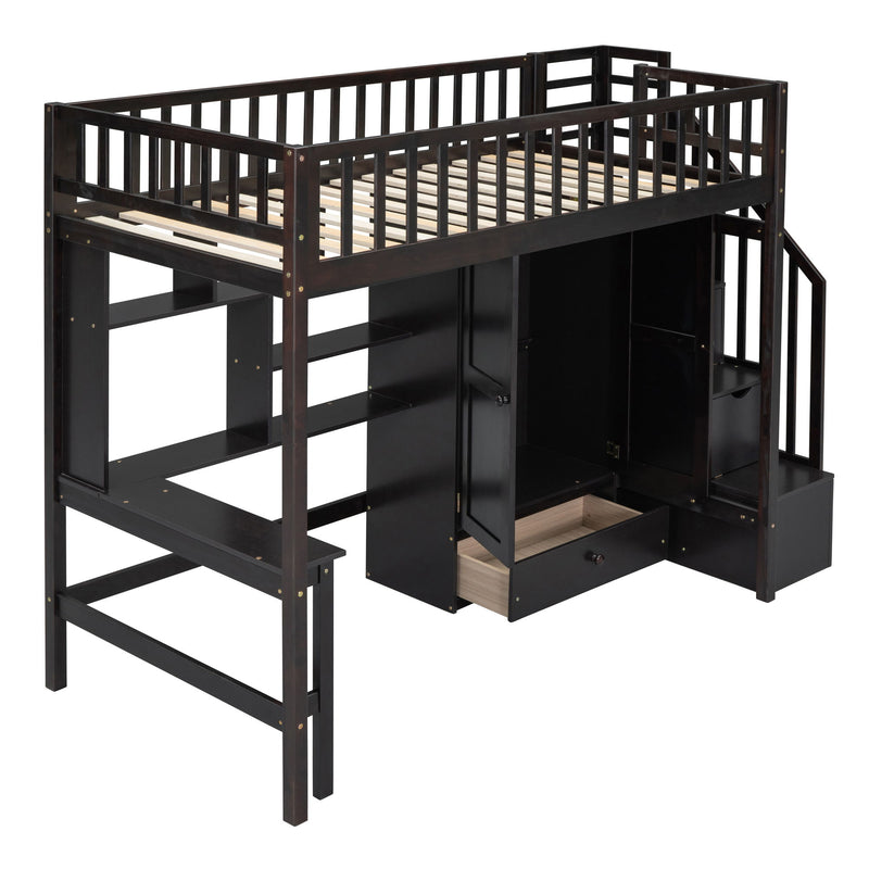 Twin Size Loft Bed With Bookshelf, Drawers, Desk And Wardrobe - Espresso