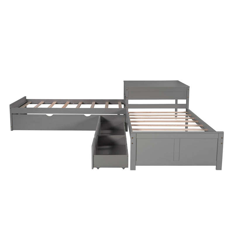 L Shaped Platform Bed With Trundle And Drawers Linked With Built In Desk, Twin, Gray