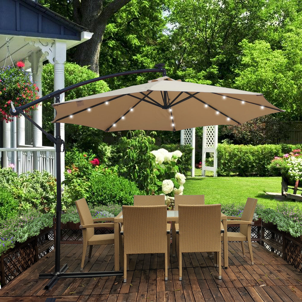 Tan 10 ft Outdoor Patio Umbrella Solar Powered LED Lighted Sun Shade Market Waterproof 8 Ribs Umbrella with Crank and Cross Base for Garden Deck Backyard Pool Shade Outside Deck Swimming Pool - Atlantic Fine Furniture Inc